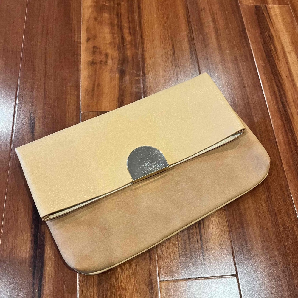 New NWT BP Nordstrom Tan Brown Purse Foldover Clutch Faux Leather Gold Handbag